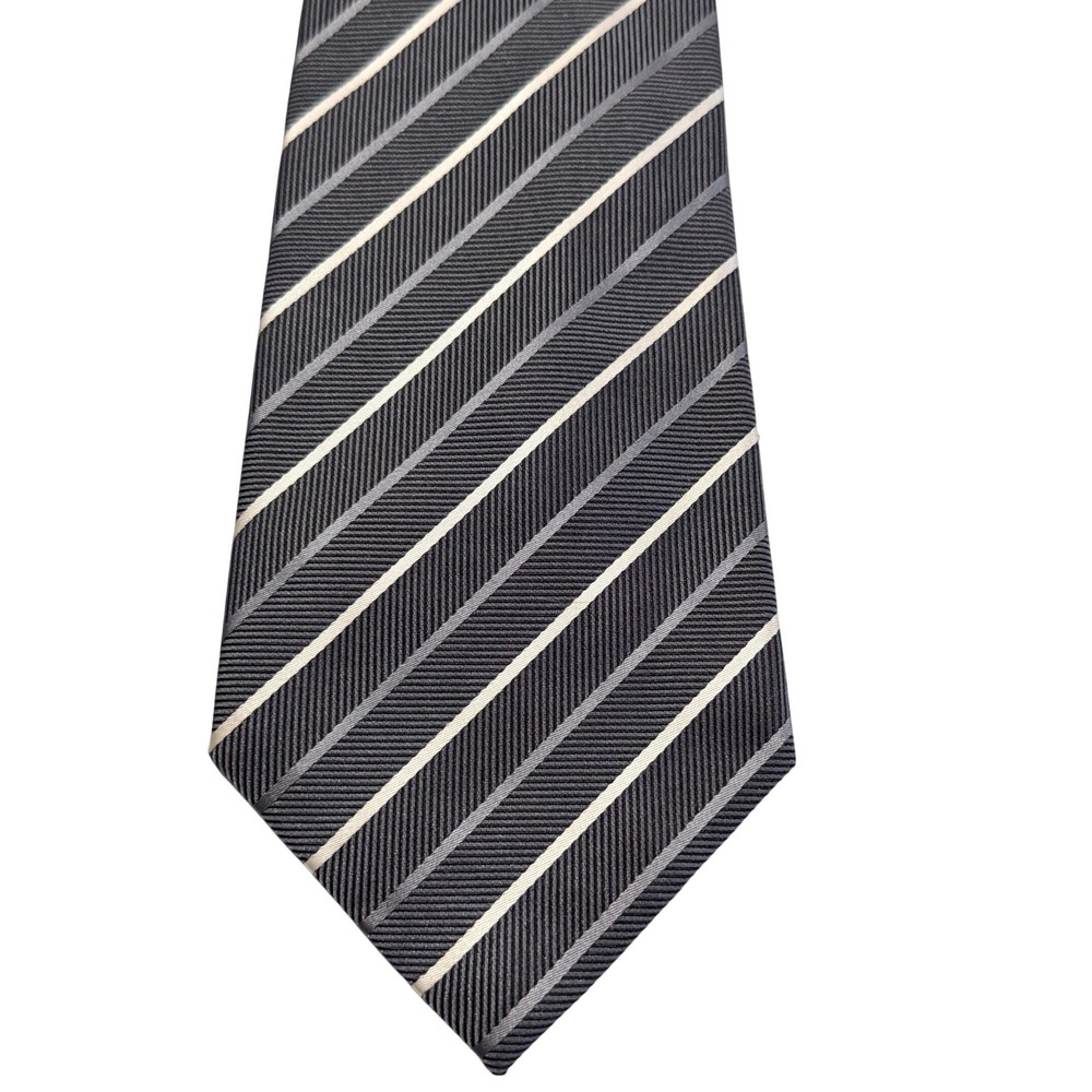 Tasso Elba Repp‎ Necktie Grey Silver Cream Striped Silk Hand Made Classic Tie